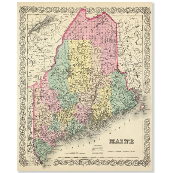 Maine 1856 Vintage Map 11x14 Unframed Print–Antique Colton’s Atlas Poster, Historical Cartography Reproduction, Rustic New England Wall Art for Living Room, Office, Library, Study, Classroom, or Den