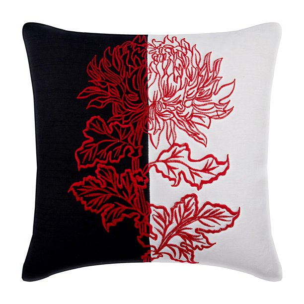 Fundas de cojín decorativas de patchwork, funda de almohada de seda de 45 x 45 cm (18 x 18 pulgadas), cuadradas en blanco y negro con bordado floral, estilo moderno - Lovers In Japan