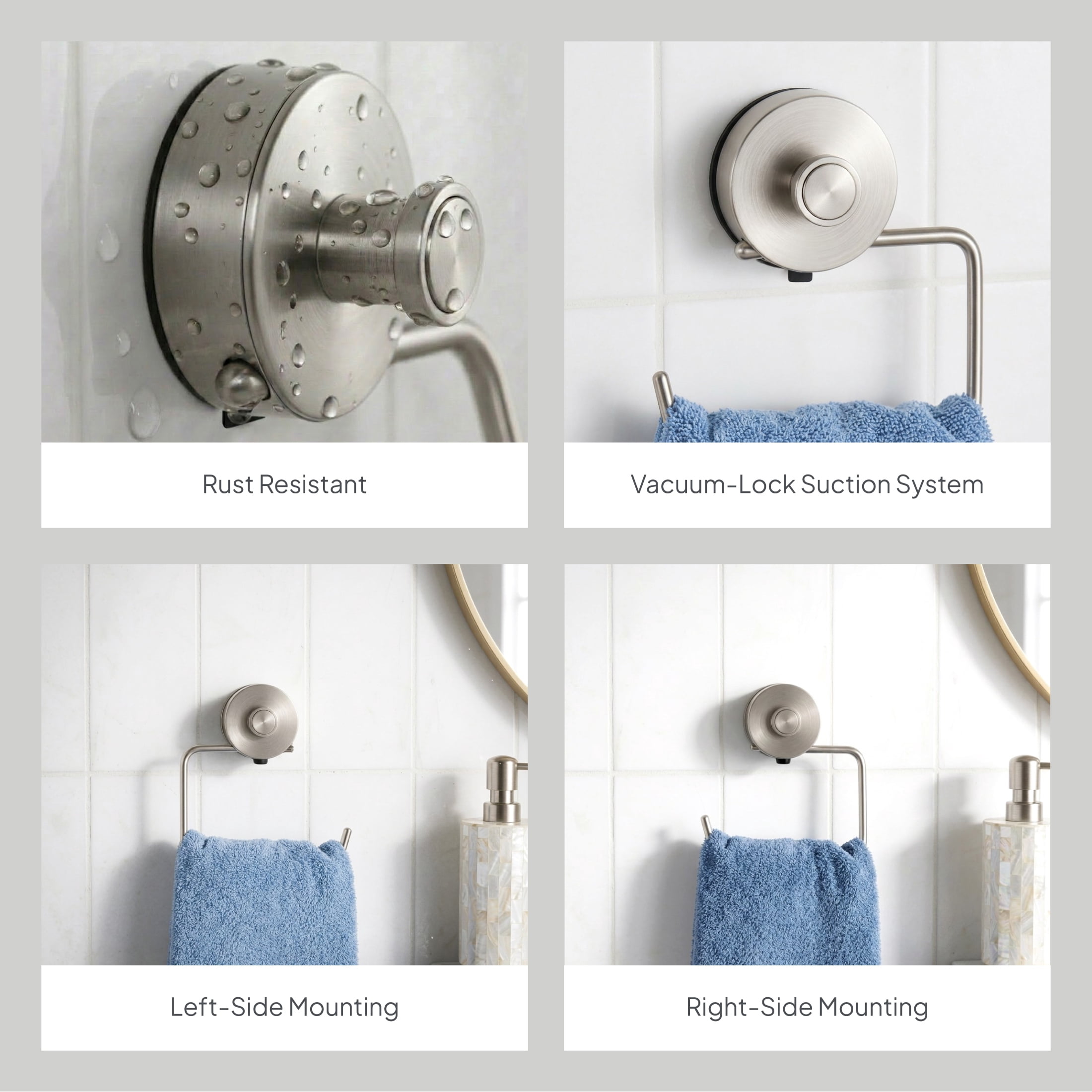 Better Homes & Gardens StyleGrip™ Suction Mount Towel Ring with Hook, Satin Nickel
