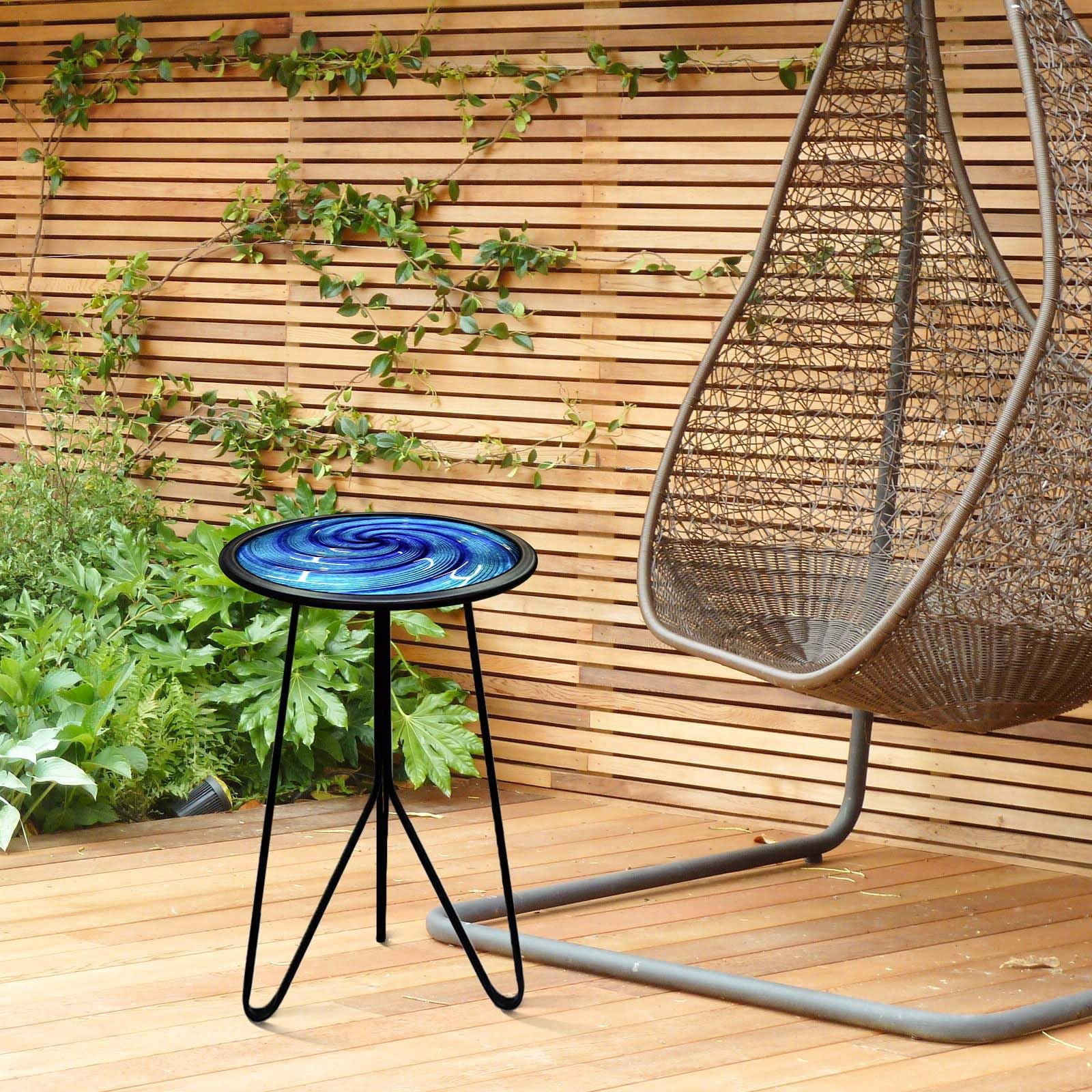 Liffy Blue Glass Side Table- 20 inch Height Vortex Metal End Table ,Plant Stand for Home