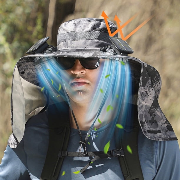 Sombrero de ala ancha para hombre, con ventilador solar, para pesca al aire libre, con solapa para el cuello, gran abanico de viento para hombre y mujer, sombrero de pescador refrescante, protector