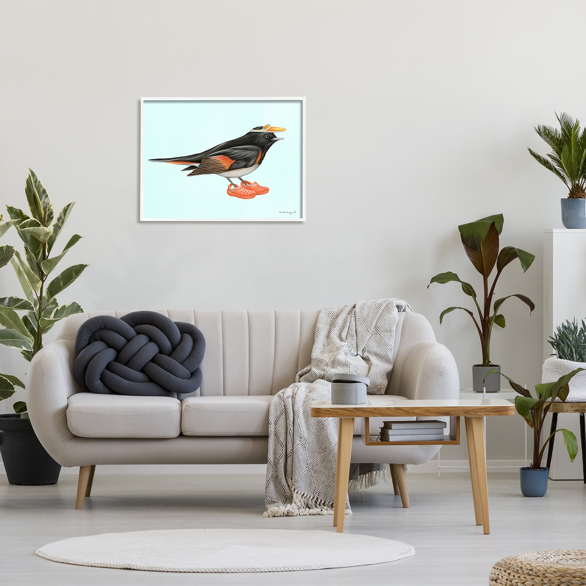 Stupell Industries Black Orange Bird Wearing Rubber Clogs Visor Graphic Art White Framed Art Print Wall Art, Design by Amelie Legault