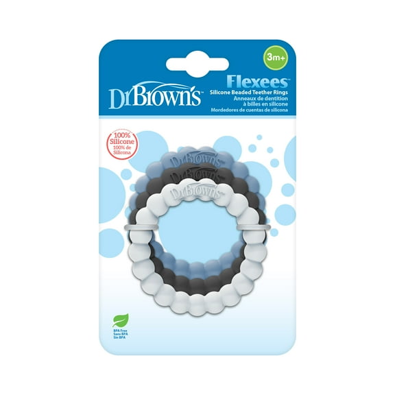 Dr. Brown's Flexees Baby Teether, Beaded Rings, 100% Silicone, Black/Blue/Light-Blue, Infant-Toddler, 3-Pack