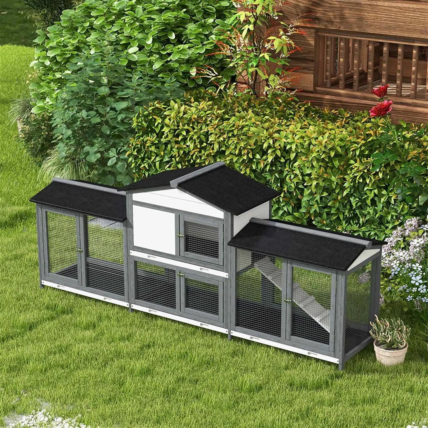 resenkos 90" Wooden Rabbit Hutch with Double Side Run Boxes, Outdoor Small Animal Habitat Chicken Coop Bunny Cage for Bunnies, Guinea Pigs, Gray