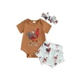 thumbnail image 2 of Aojekbee Baby Girl Farm Clothes Set Short Sleeve Romper with Hen Print Ruffled Shorts and Headband, 2 of 10