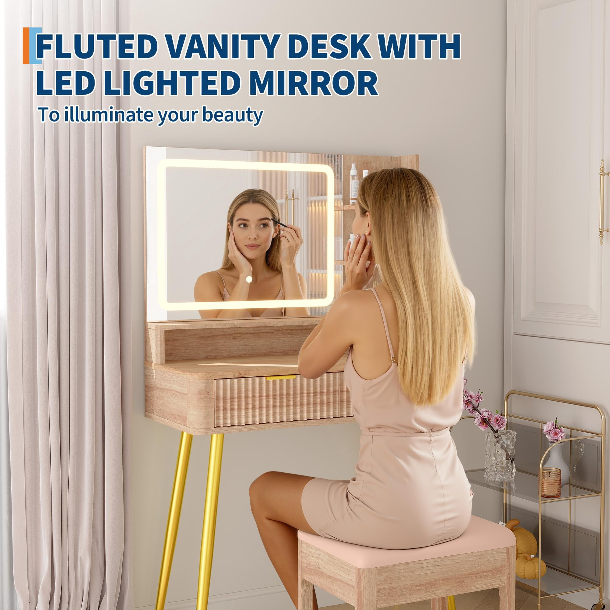 Fluted Vanity Desk with Mirror and Lights, 31 in Small Makeup Vanity Storage Cabinet & 2 Drawers, 3 Lighting Modes, Stylish Dressing Table for Bedroom