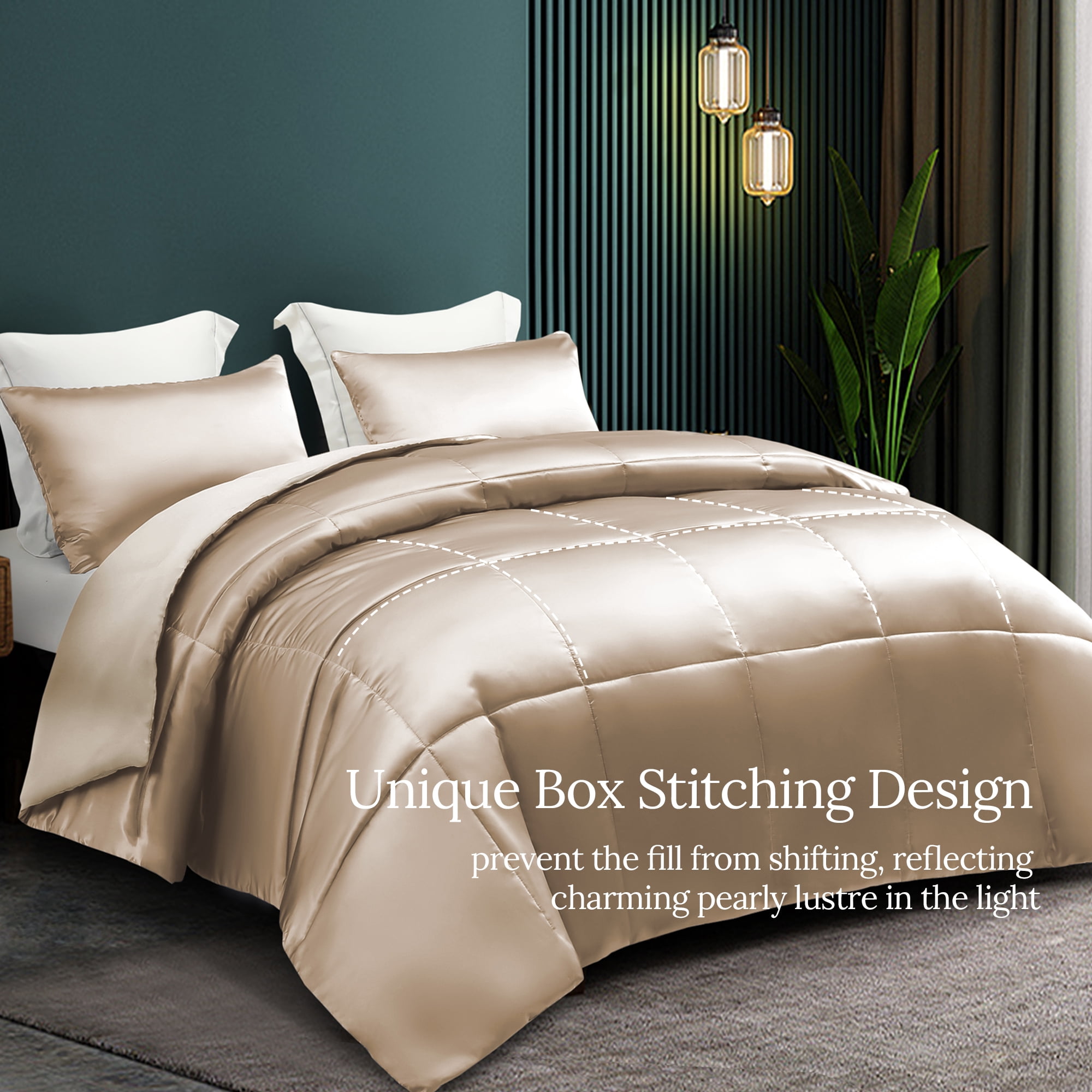 Whale Flotilla 3-Piece Reversible Silky Satin Queen Size Comforter Bedding Set, Lightweight Luxury Comforters with 2 Pillowcases All-Season, Champagne