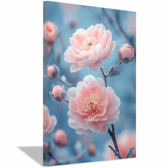 Mudket Light Pink Flower Blossom Canvas Wall Art,flower poster, Framed Floral Wall Decor, Botanical Print for Bedroom Office, Ready to Hang - 12"L x 8"W