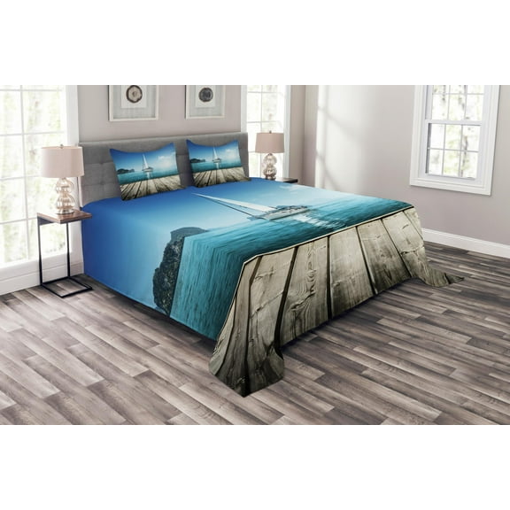 Ambesonne Nautical Quilted Bedspread Set 3 Pcs, Yacht and Wooden Deck, King Size, Blue Brown
