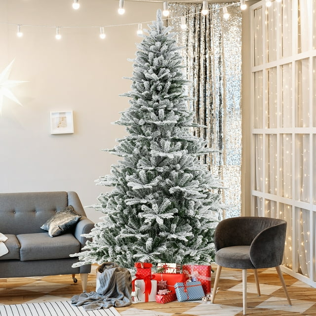 Árbol de Navidad artificial Costway cubierto de nieve 240 cm 1447 puntas de PVC y PE 800 luces LED