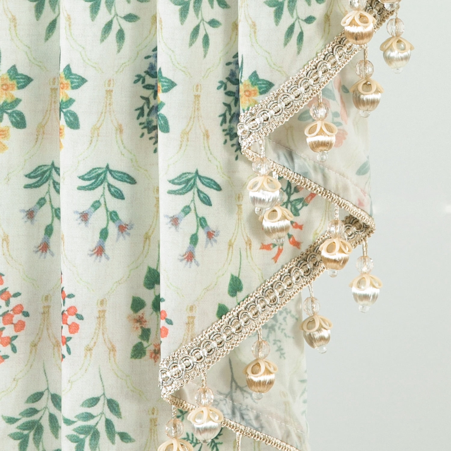 VOGOL Vintage Floral Waterfall Valance 59x43 Inch - Sheer Voile Farmhouse Curtain Topper with Beaded Fringe for Living Room
