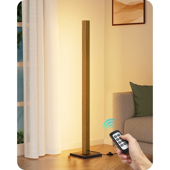 EDISHINE 48" Wooden LED Corner Floor Lamps for Living Room, Modern Dimmable Light with Remote, Minimalist Standing Floor Light for Bedroom, Office, 7 Color Temperature 2700~6000K