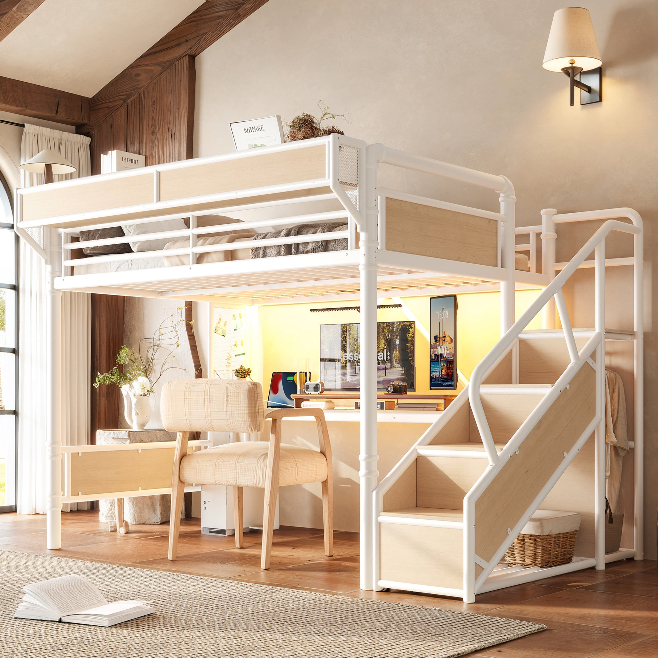 GDF Studio Queen Size Metal Loft Bed with Desk, Power Outlet, LED Light, Storage & Wardrobe, White