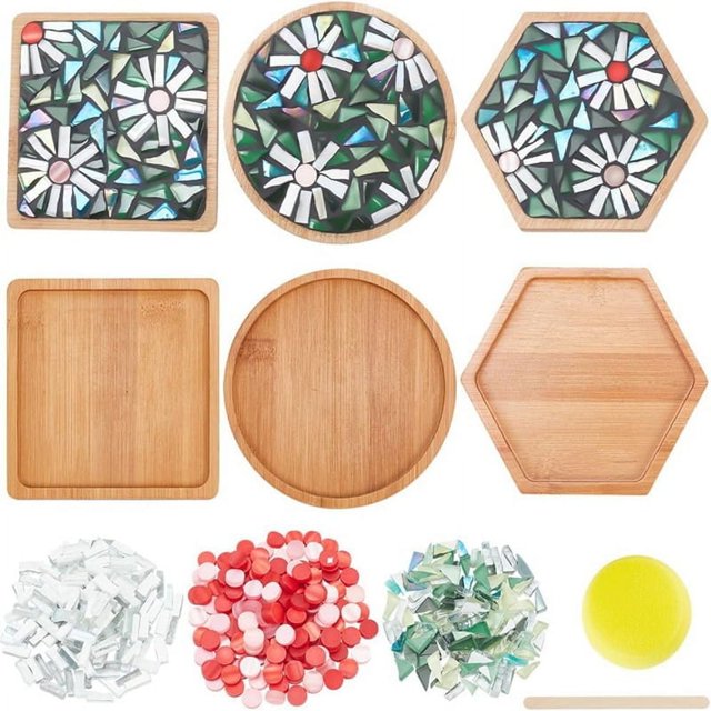 Juego de 3 estilos de manualidades con mosaicos para hacer tú mismo, juego de posavasos de bambú con mosaicos florales para decoración del hogar hecha a mano