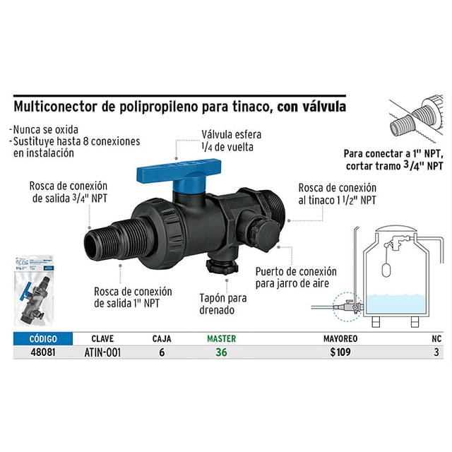 multiconector válvula esfera y tuerca unión para tinaco Foset, multiconector de polipropileno anaranjado y negro en vista 3/4 con válvula esfera de 1/4 de vuelta y manija azul, roscas macho para salida 3/4" y 1" NPT visibles, tapón de drenado y puerto para jarro de aire; también suele utilizarse en instalaciones domésticas de tinacos.
