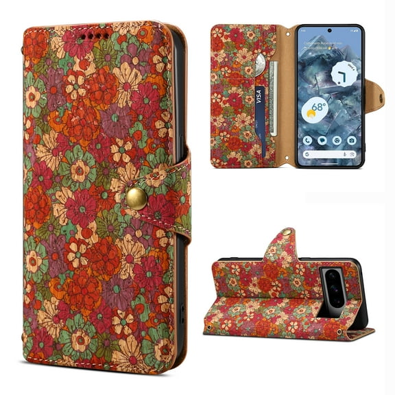for Google Pixel 7 Pro Wallet Case with Lanyard for Women Girls, Flower Pattern Design PU Leather Flip Cover with Card Slots Kickstand Full Body Protective Case for Google Pixel 7 Pro, Red