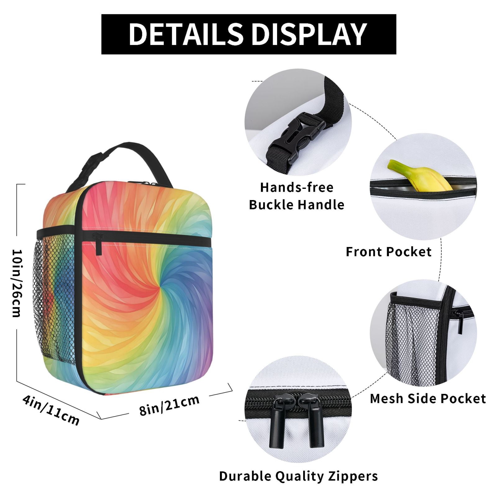 Lunch Bag For Women Men Insulated Portable Lunch Box Bento Box Office Picnic Travel Cooler Bag Darkmagenta Tie-Dye Background Rainbow Colors_2