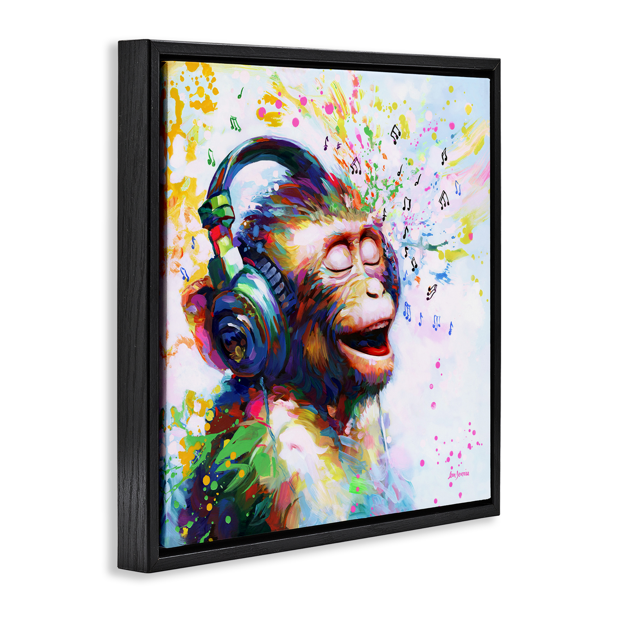Stupell Industries Blissful Beats Monkey Animals & Insects Painting Black Floater Framed Canvas Art Print Wall Art, 25 x 25