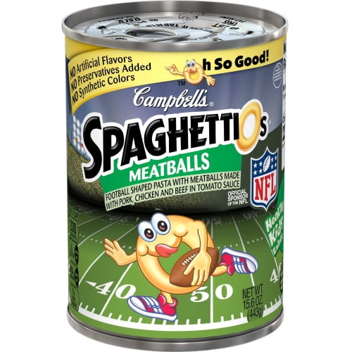 Campbell's SpaghettiOs Canned Pasta, Football Shapes with Meatballs, 15.6 oz. Can