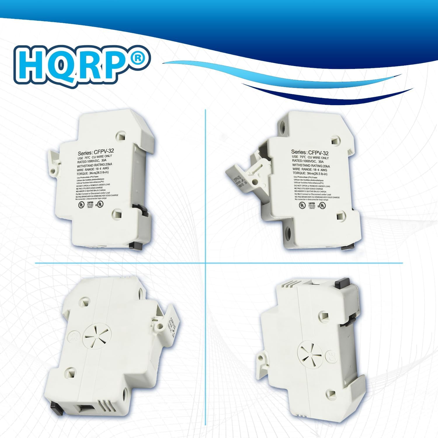 HQRP Combo: 5-Pack Solar PV CFPV-32 DIN Rail Fuse Holder, 1-32Amp, 1000VDC and 8-Pack Photovoltaic Fast Acting Fuse Links CFPV-1038, gPV Type, 10 Amp 1000V DC, 10x38mm, 20kA IR, Solar PV Ceramic Fuses