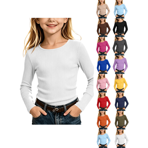 Girls Long Sleeve Shirts Nelozsy Kids Ribbed Long Sleeve Top Crew Neck Stretch Basic Undershirt White 9-10Years