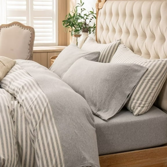 PURE ERA Jersey Knit 4pc Deep Pocket Bed Sheet Set 100% T-Shirt Heather Cotton Super Soft Breathable Fits Mattress Up to 20" Light Gray King