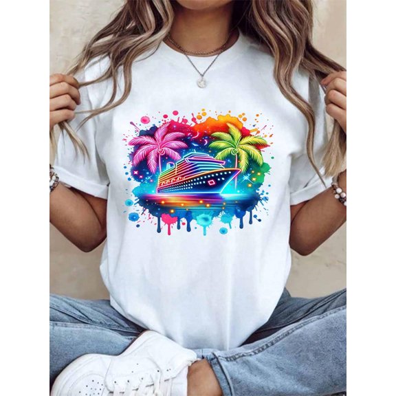 Neon Cruise Ship Palm Trees Tropical Vacation T-Shirt Summer Beach Party Wear Colorful Art Design For Women Men Unisex Casual Fashion Gift For Travel Lovers,220g