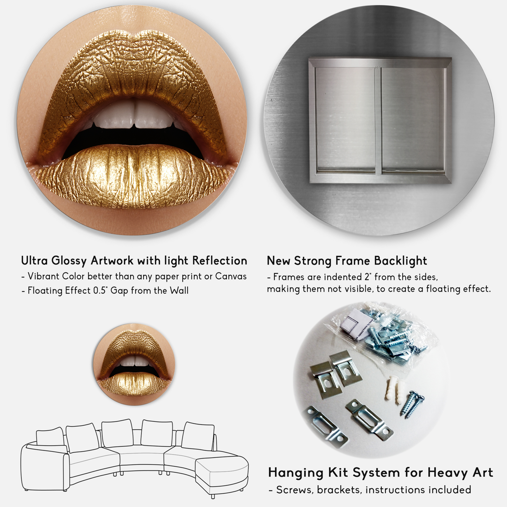 Designart 'Close Up of Woman Plump Lips With Golden Lipstick' Modern Circle Metal Wall Art 23x23 - Disc of 23