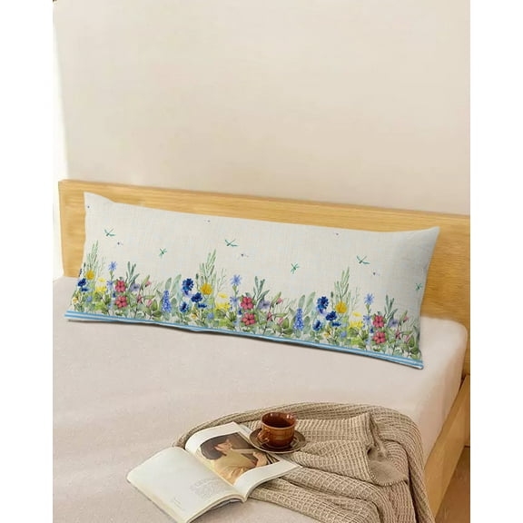 Watercolor Rustic Floral Throw Pillow Cover,Spring Dragonfly Wildflower Blue Green Rectangle Decorative Pillow Case Protector Soft Cushion Cover Lumbar Pillowcase for Couch Sofa Decor 20x54 Inch