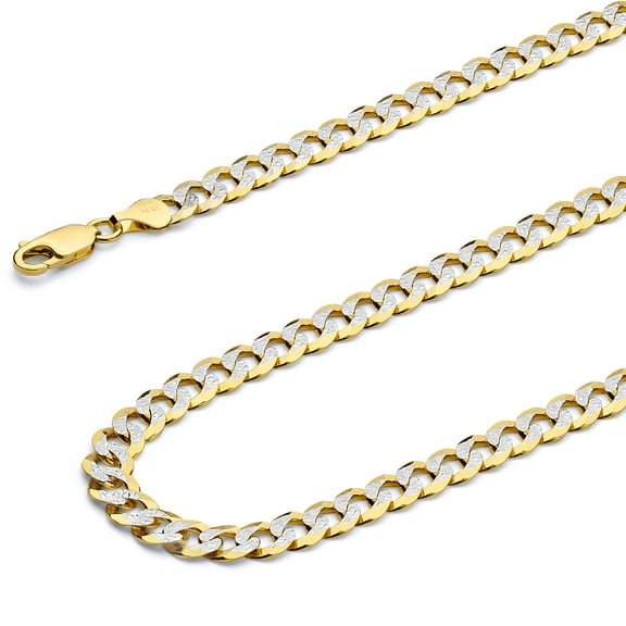 Wellingsale 14k Yellow Gold Polished Solid 6.5mm Cuban White Pave Diamond Cut Chain Necklace - 24"