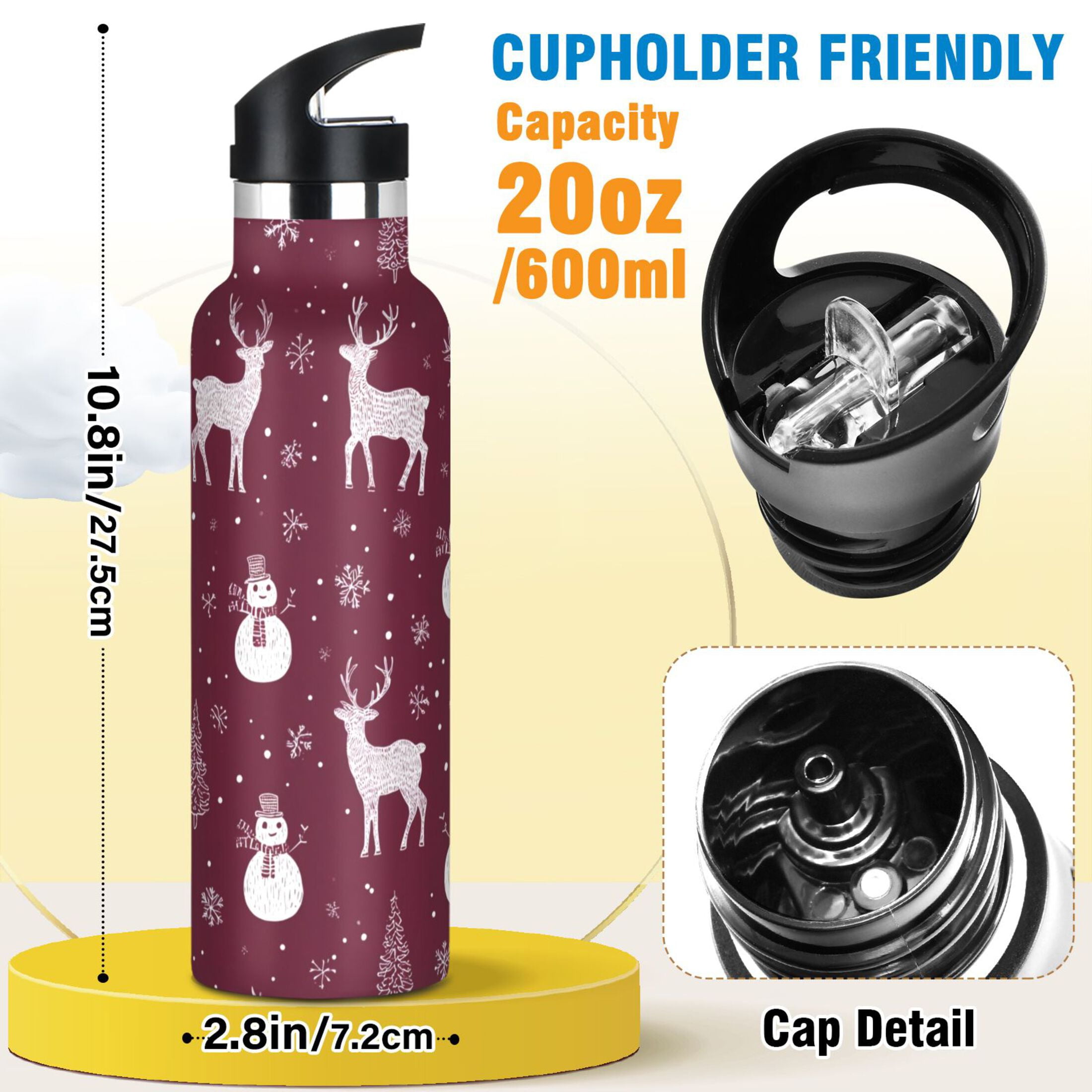 600ML Stainless Steel Insulated Cup Sports Water Bottle Portable Thermos Cup Water Glasses Insulated Tumblers Convenient and Durable Cute Christmas Elements
