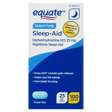 Equate Nighttime Sleep-Aid Diphenhydramine HCl 25 mg Caplets, 100 Count, Compare to Simply Sleep® Active Ingredient