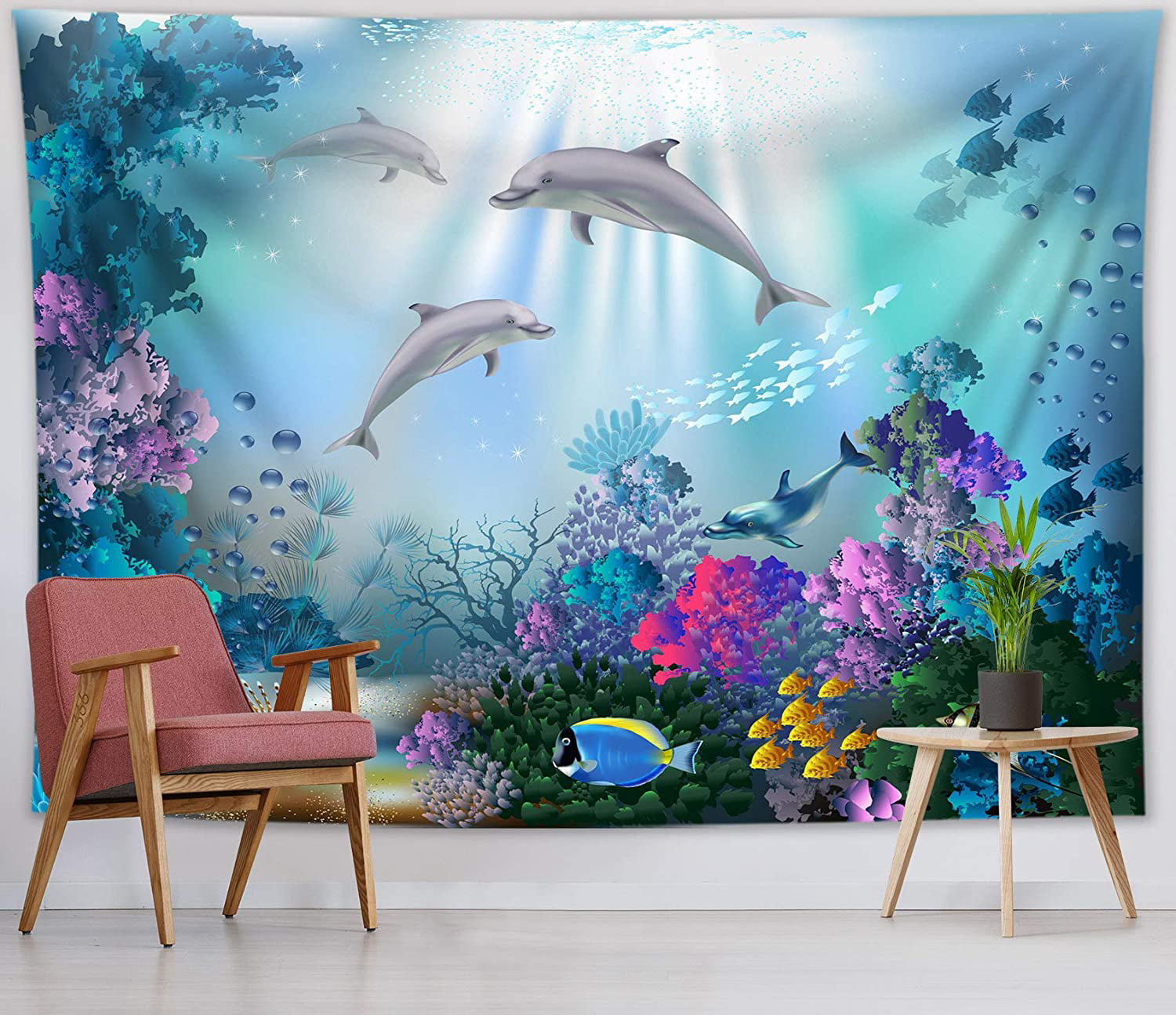Underwater Dolphins Fish wall hanging tapestry Livingroom sheet Bedspread Decor 
