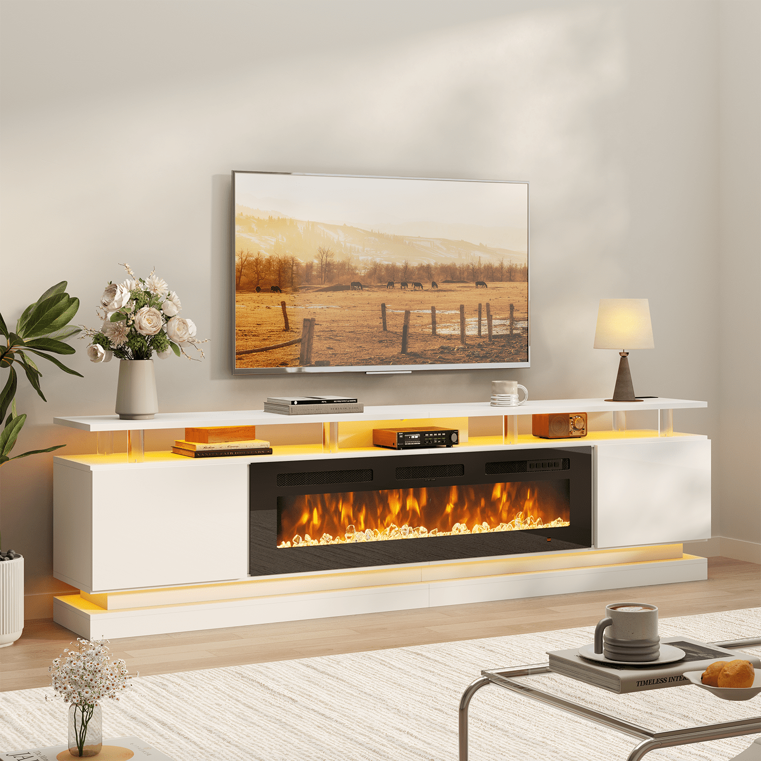 BaPiPro 90" Fireplace TV Stand for TVs up to 100", Modern Entertainment Center TV Console with Storage for Living Room, White TV Stand and Black Fireplace