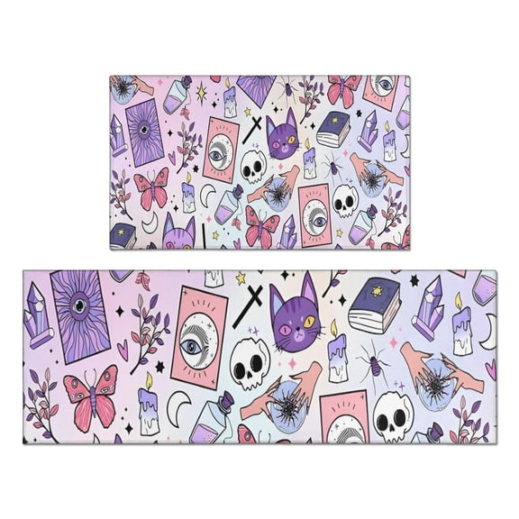 Purple Gothic Cat Crystal Pattern Kitchen Rugs Sets Of 2,Anti Fatigue Kitchen Mat Rugs Non Slip Washable,Decorative Kitchen Floor Mats for Kitchen,Sink,Laundry,17"x30" 17"x47"