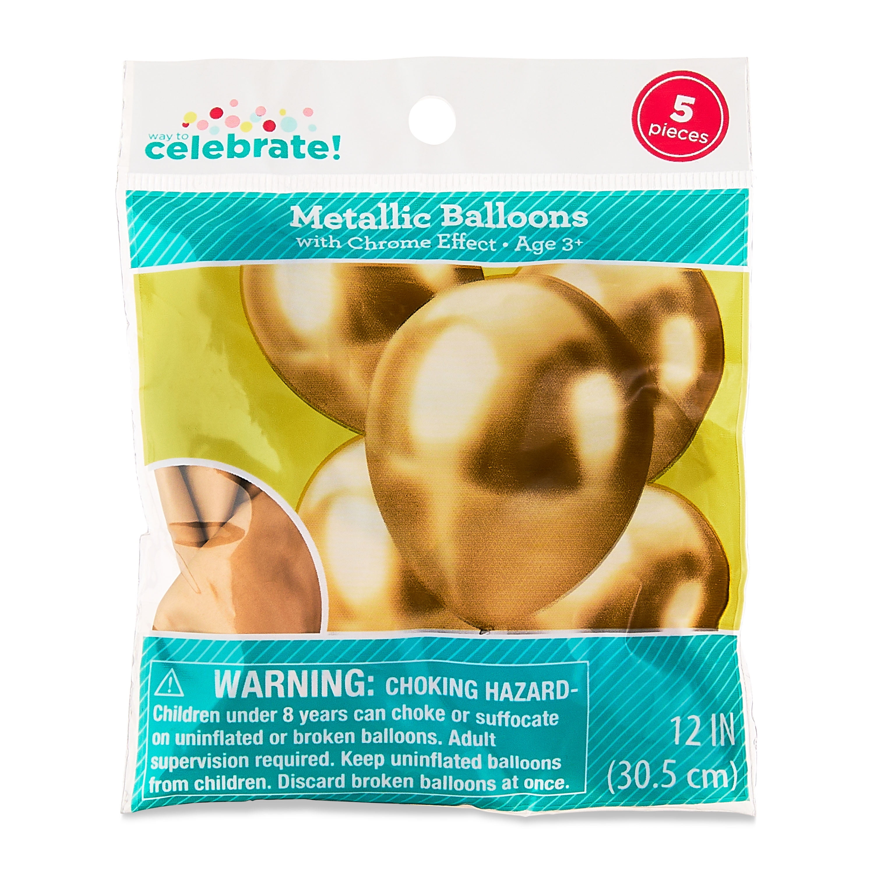12" Gold Metallic Latex Balloons with Chrome Effect, 5 Pieces, by Way To Celebrate