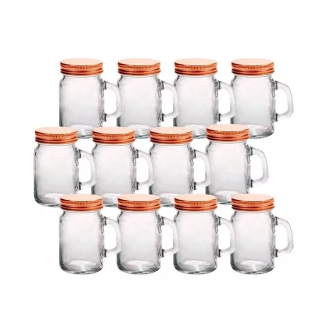 12 Piezas Mason Jar Mini Con Asa 4 Oz Tapa Completa Cobre Vaso Frasco Tarro Vasito Vidrio Cristal Cocina Hogar Bebida Degustacion
