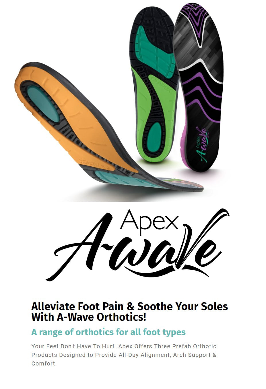 All Colors Apex A-Wave Orthotics for Low Medium or High Arches All Sizes 