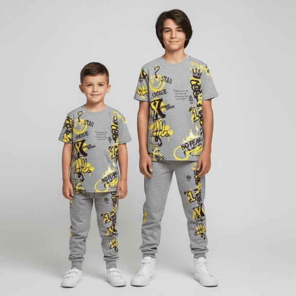 Boys Two-Piece Summer Tracksuit - Street Graffiti Graphic Tee and Jogger Sweatpants Set | Winter Edition