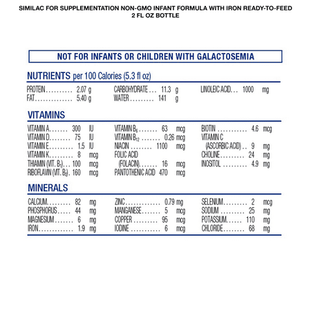Similac For Supplementation, 4 Bottles, Gentle, Non-GMO Infant Formula, for Breastfed Babies, with Prebiotics, Supports Brain & Eye Development, Ready to Feed, 2-fl-oz Bottle