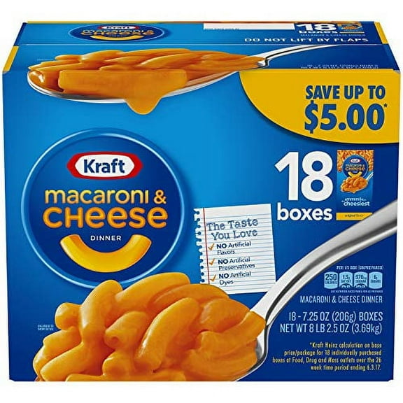 Kraft Macaroni & Cheese, Original Flavor, 7.25 Oz, 18 Boxes