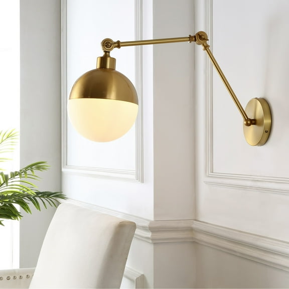 JONATHAN Y Alba 8" 1-Light Mid-Century Modern Arm-Adjustable Iron/Glass LED Sconce, Brass Gold/Frosted