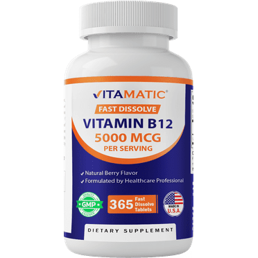 Vitamatic Vitamin B12 5000 mcg per Serving Fast Dissolve 365 Tablets - Berry Flavor - Supports Energy Metabolism