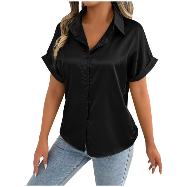 Timegard Tops for Women Satin Lapel V Neck Button up Shirts Solid Color Casual Comfy Work Blouse Top