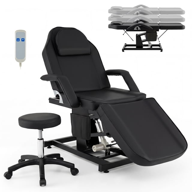Costway Chaise Tatouage pour Client Esthéticienne, Lit Facial à Hauteur Réglable avec Tabouret Hydraulique, Dossier et Repose-Pieds Réglables, Noir