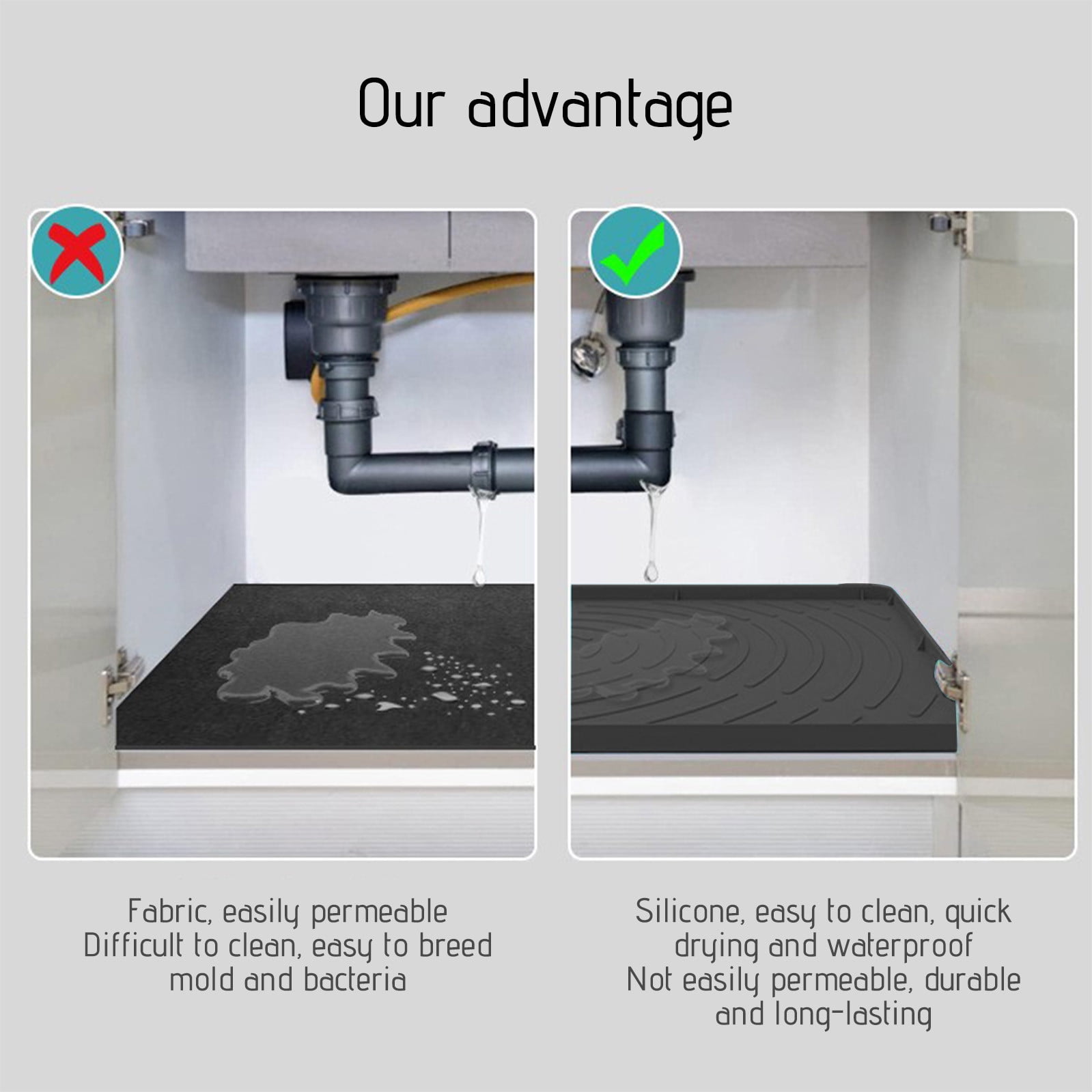 Kraoden Eco-Friendly Non-Slip Under Sink Mat for Bathroom and Kitchen Cabinets, Waterproof, Leak-Proof, Multi-Purpose Drip Tray, Easy Installation, Food-Grade Silica Gel