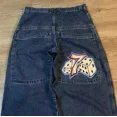 thumbnail image 3 of Women's Goth Retro High-Rise Loose Fit Embroidered Blue Denim Ankle Length Jeans, 3 of 9