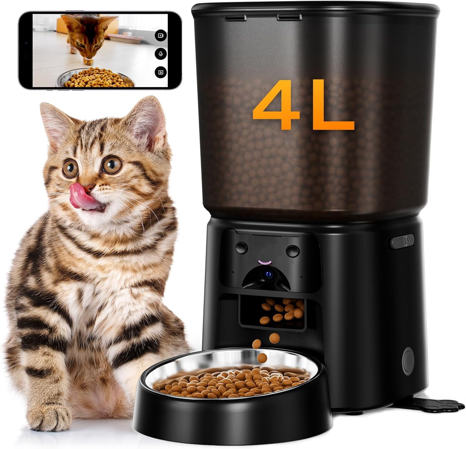 Automatic Cat Feeder with Camera, 4L WiFi Smart Pet Feeder with App Control, 1080P HD Video and Night Vision, Motion Detection, Dual Power Supply, Timed Feeding for Cats and Dogs