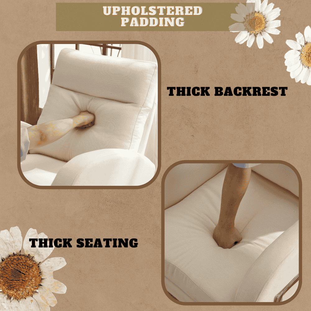 Spaco Linen Rocking Chair with Thick Headrest, Upholstered Mid-Century Modern Nursing Rocker Glider with Curved Armrest and Sturdy Solid Wood Base for Living Room, Bedroom, Baby Room, Beige