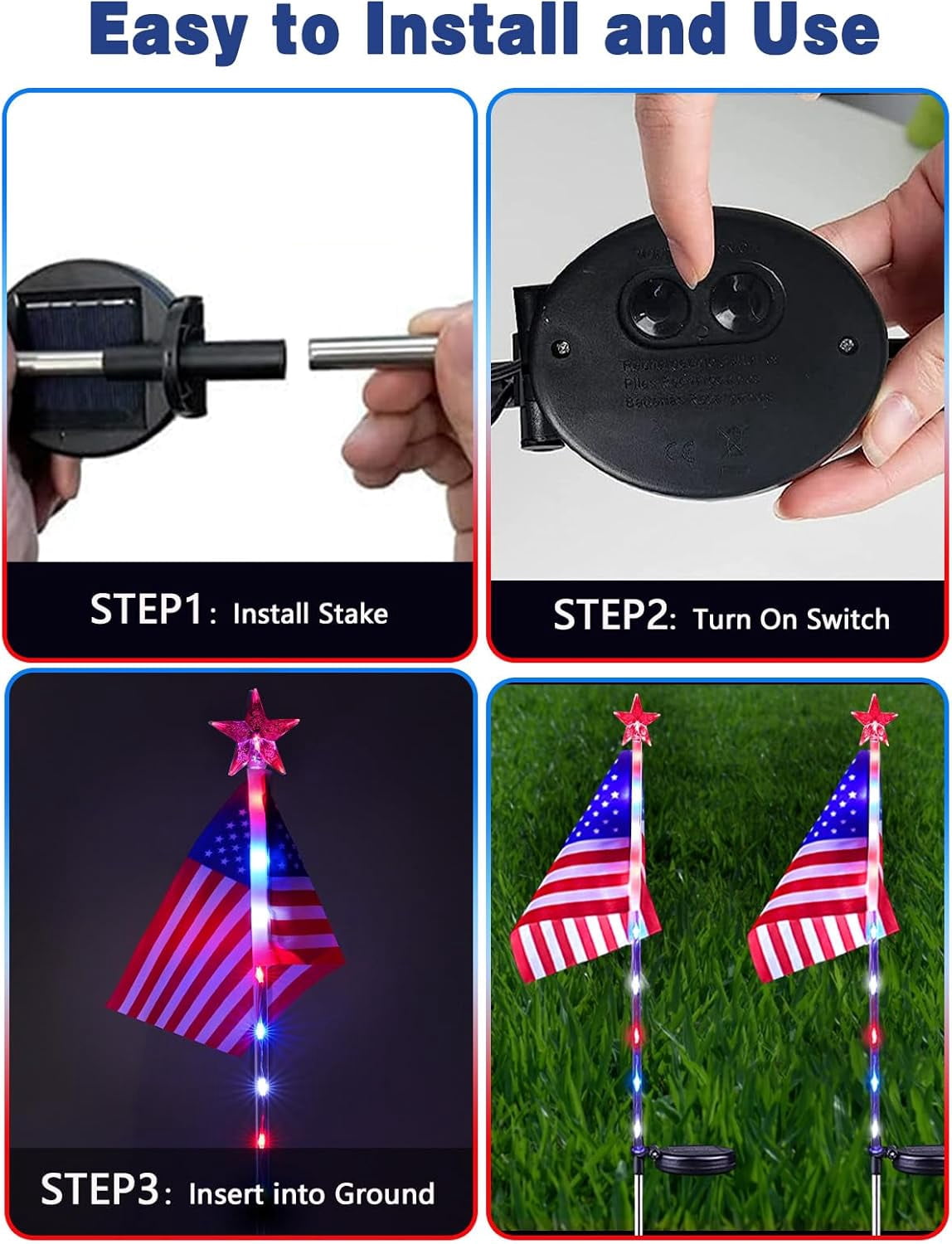 BZPIZ American Flag Solar Lights Outdoor, 4th of July Decorations Red White and Blue Star Lights, 2 Modes Waterproof Patriotic Lights for Anniversary Independence Memorial Day Garden Yard